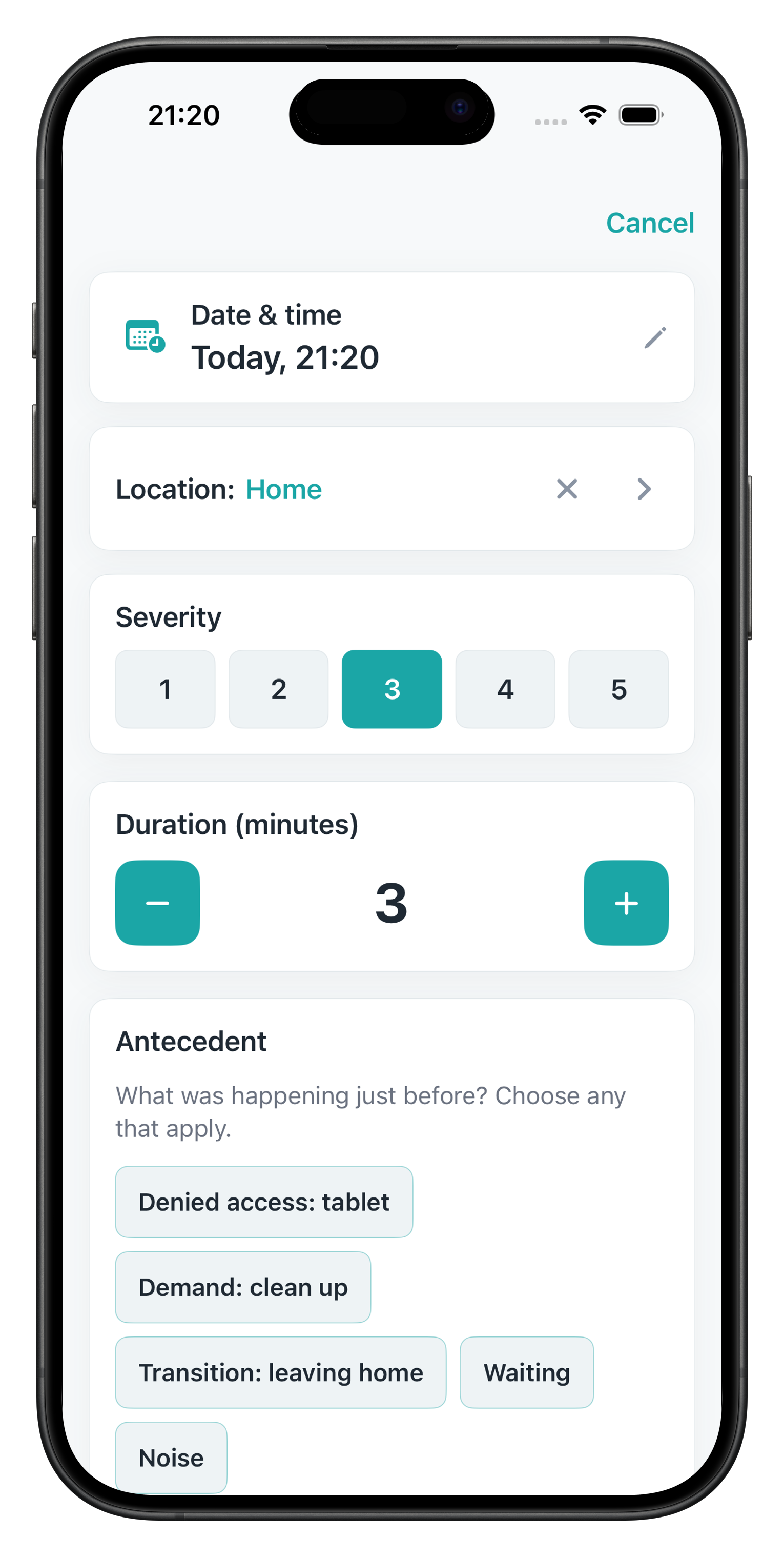 Behavior Tracker ABC app showing a quick incident logging screen
