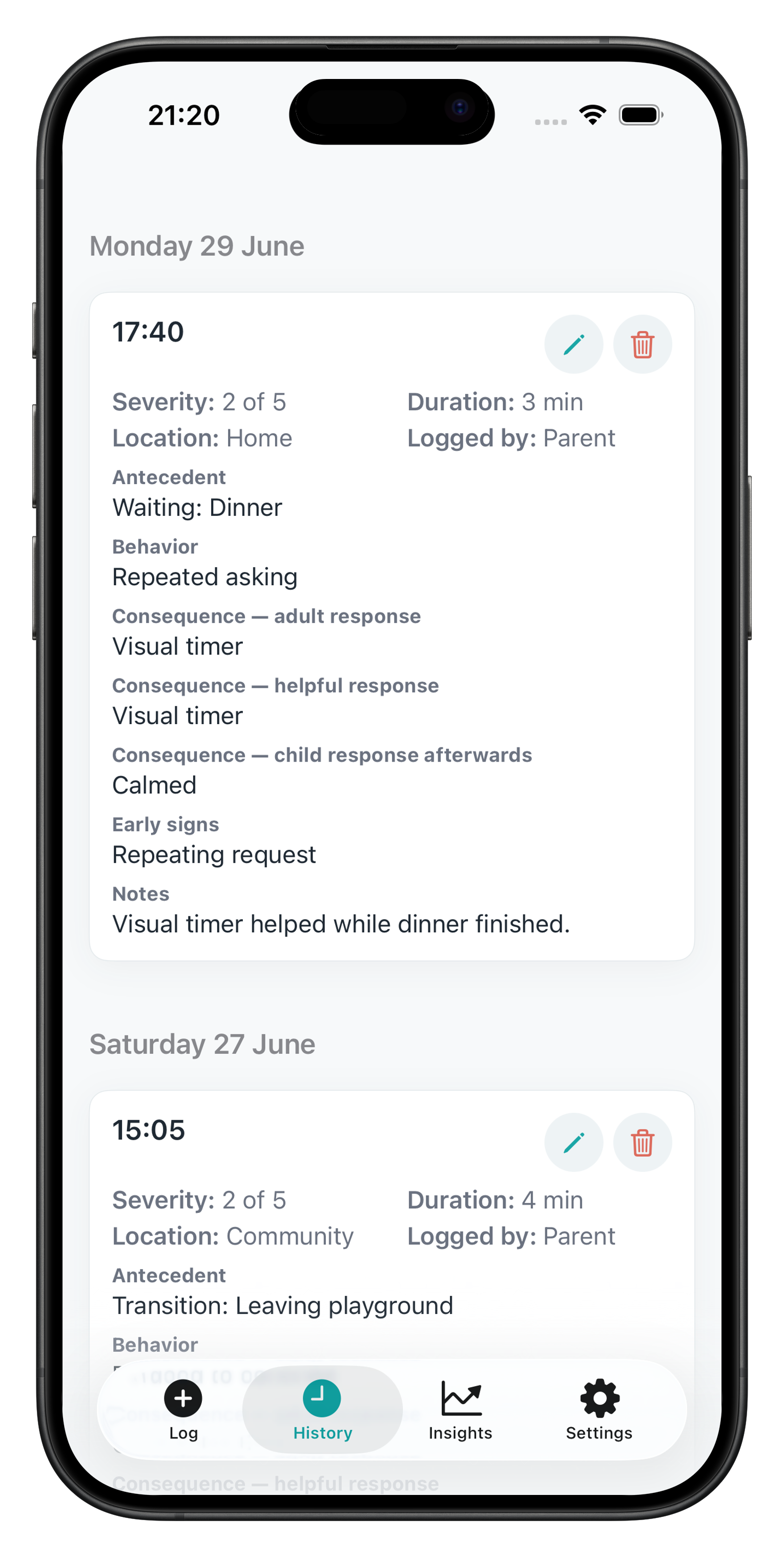 Behavior Tracker ABC history screen showing saved ABC behaviour log details