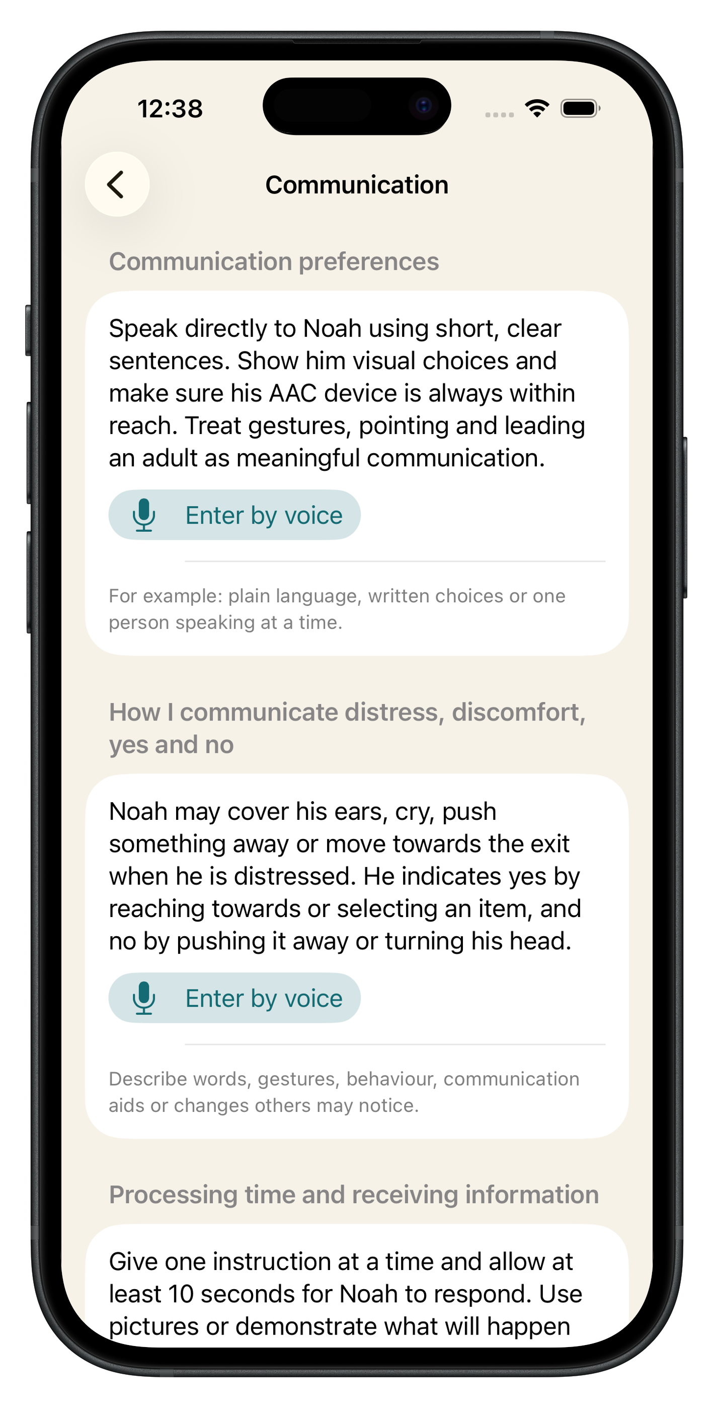 My Support Passport communication section with communication preferences and optional voice entry