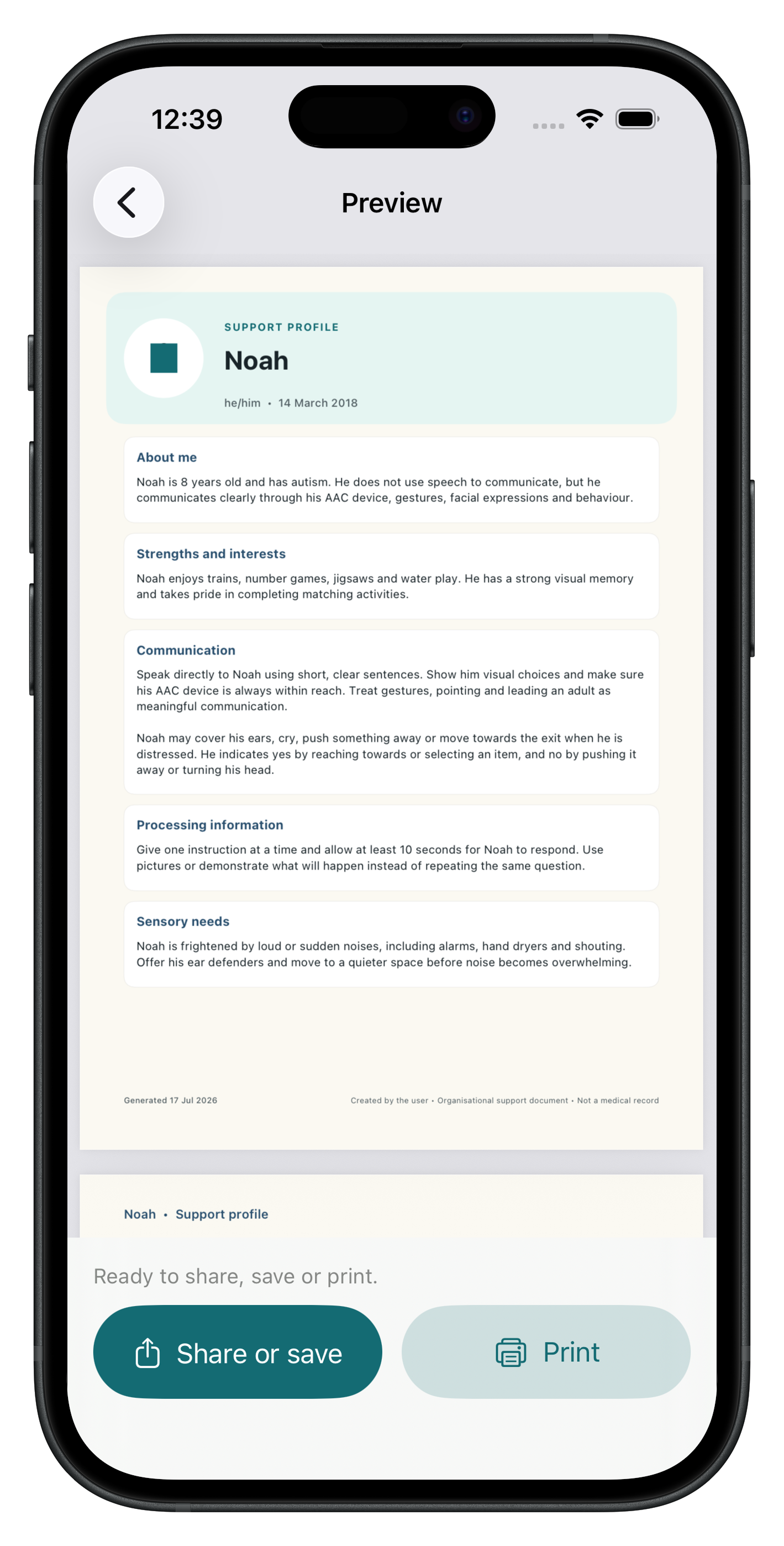 My Support Passport preview of an exportable one-page support profile