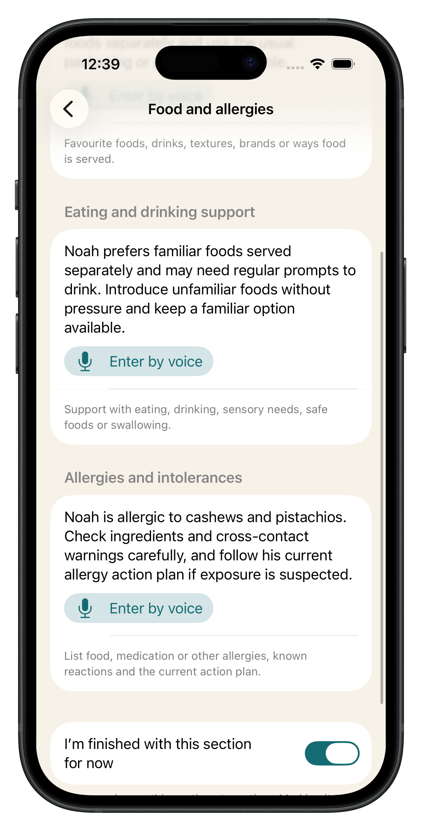 My Support Passport food and allergies section