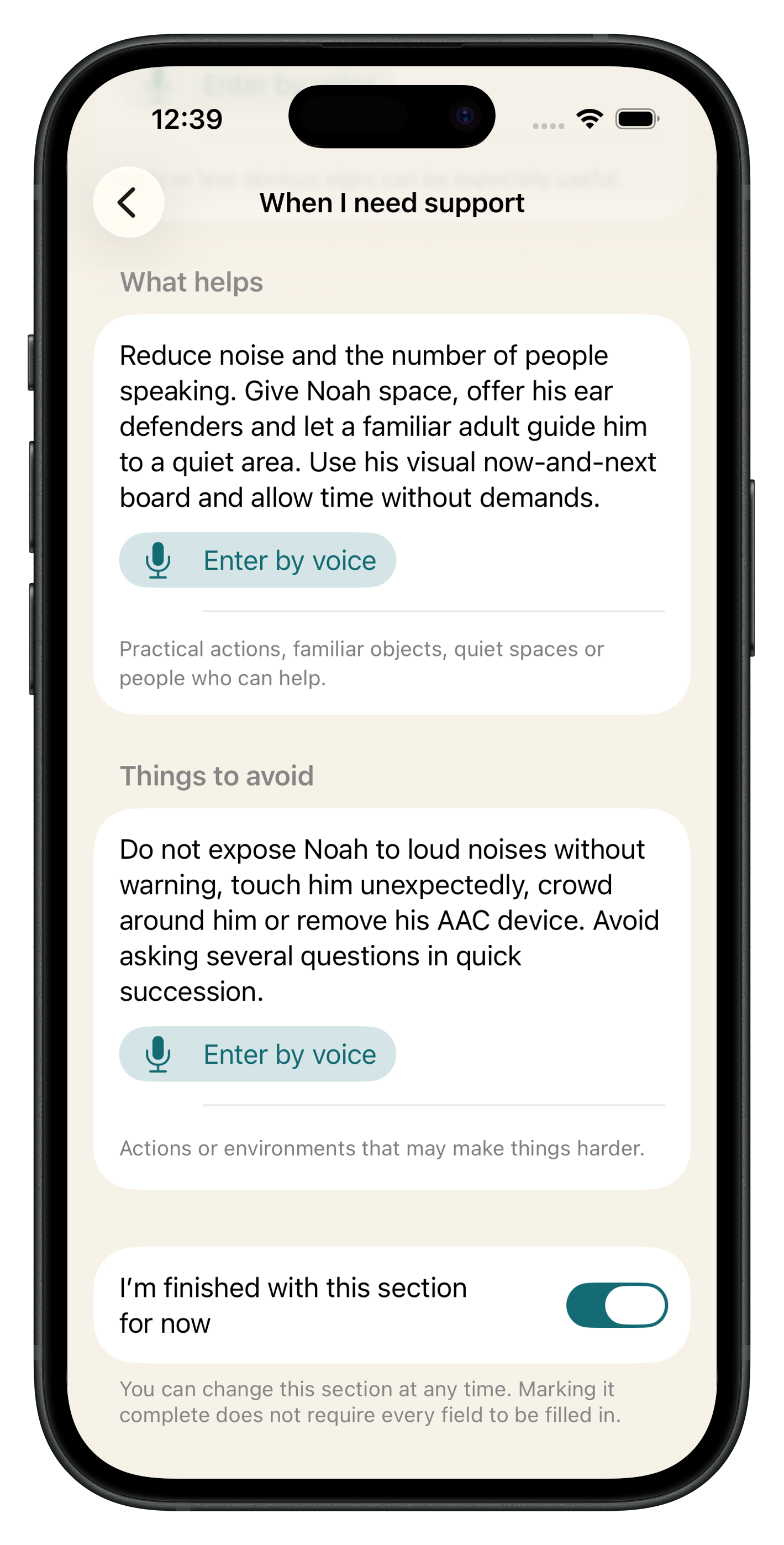 My Support Passport section for recording what helps and what to avoid when support is needed